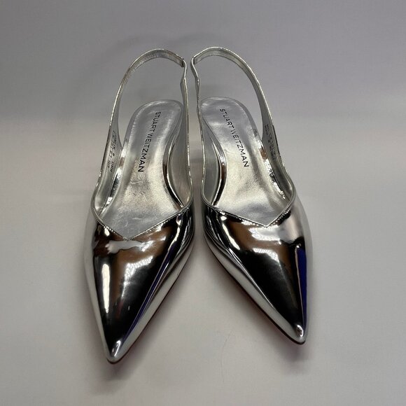 Stuart Weitzman EVA 50 Slingback Heels Sz 6.5 Silver Metallic Kitten Pointed Toe - Picture 6 of 14